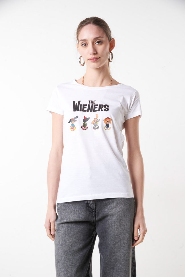 White fitted cotton round-neck short-sleeve T-shirt with The Wieners text and cartoon dog graphic