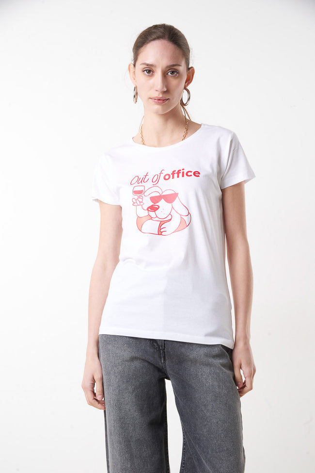 White fitted cotton round-neck short-sleeve T-shirt with Out of office text and cartoon dog graphic