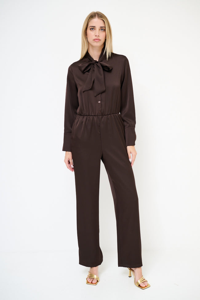 Coffee brown satin-look jumpsuit with a neck bow, long cuffed sleeves and elastic waist