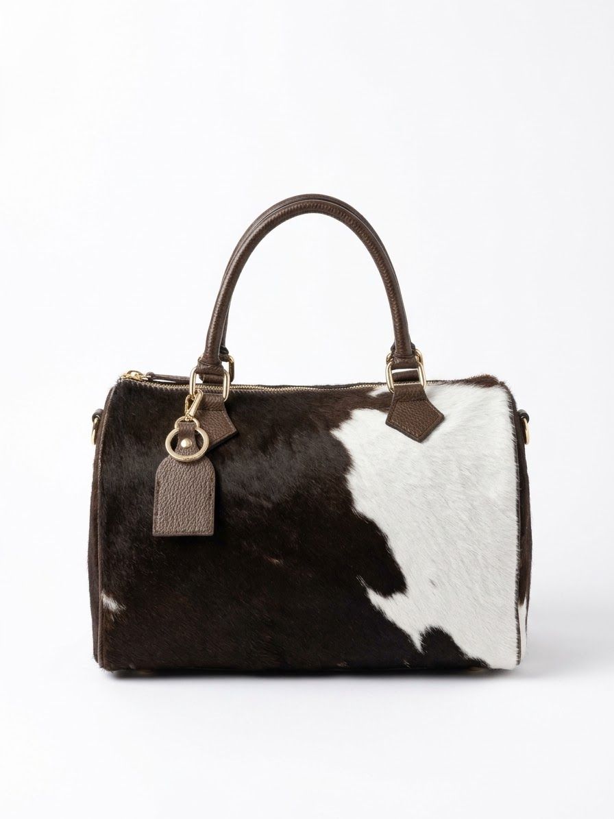 Sac à main structuré en cuir avec imprimé vache marron et blanc, vue de face sur fond blanc.