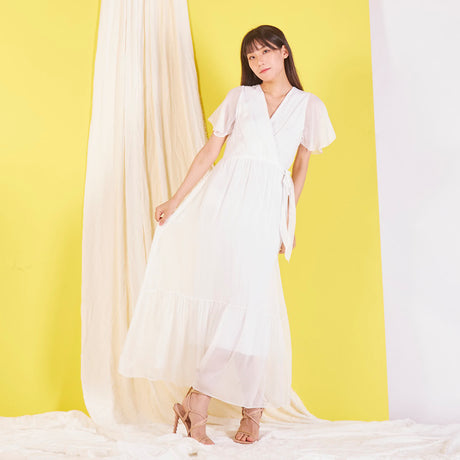 wholesale chiffon maxi dresses Tropical Palm Print Long Sleeve Chiffon Wrap Boutique Resort Maxi Dress