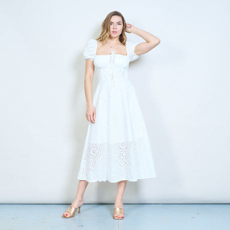 eyelet puff sleeve midi dress Eyelet Short Puff Sleeve Light Blue Midi Dress With Pockets Large