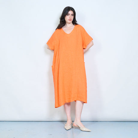 Relaxed linen blend short sleeve oversized midi dress with pockets who LEIVIP Relaxed linen blend short sleeve oversized midi dress with pockets who LEIVIP