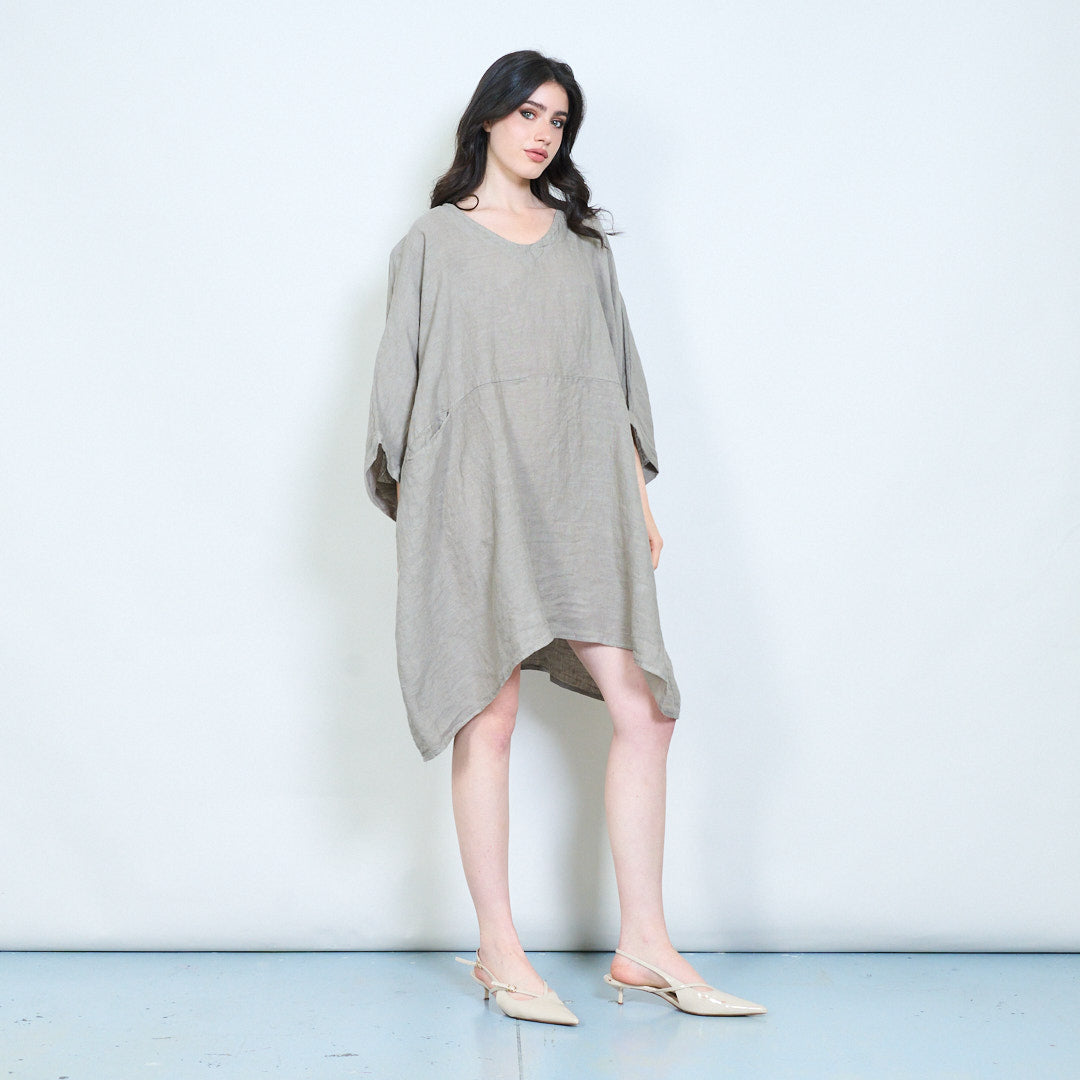 Linen blend asymmetrical tunic dress with side pockets wholesale  LEIVIP