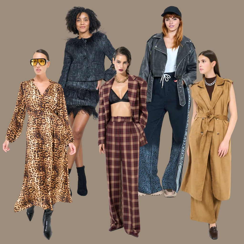 Models showcasing 2025 Fall Winter fashion trends from Leivip’s wholesale platform on a neutral brown background.