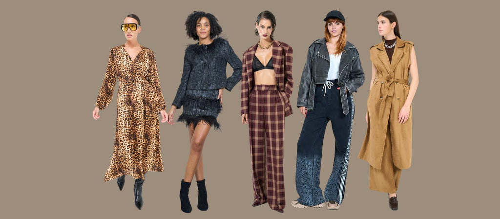 Models showcasing 2025 Fall Winter fashion trends from Leivip’s wholesale platform on a neutral brown background.