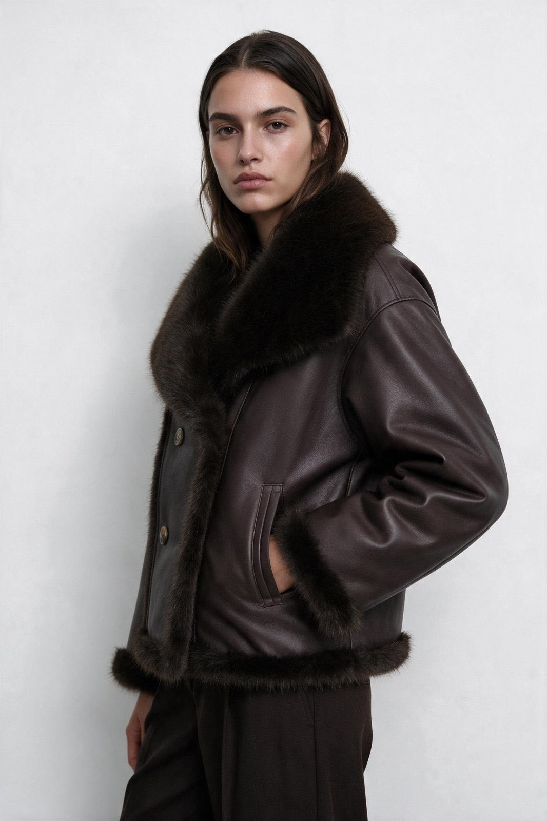 Model wearing a dark brown faux-leather jacket with a wide dark plush faux-fur collar, three-quarter side view