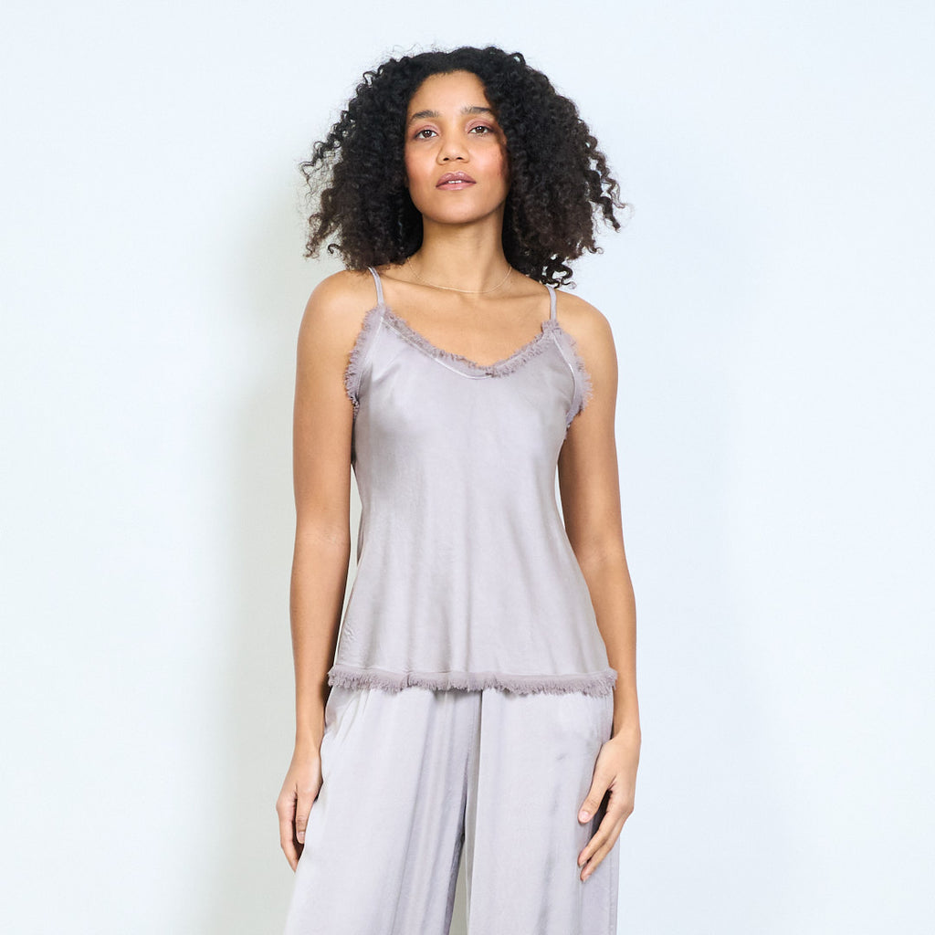 Fringe trim satin camisole top with adjustable straps wholesale