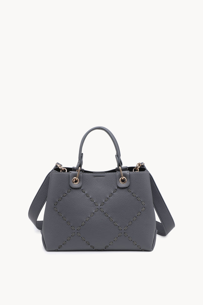 Gray structured handbag with diamond-shaped stitched detailing, rounded handles and a shoulder strap.