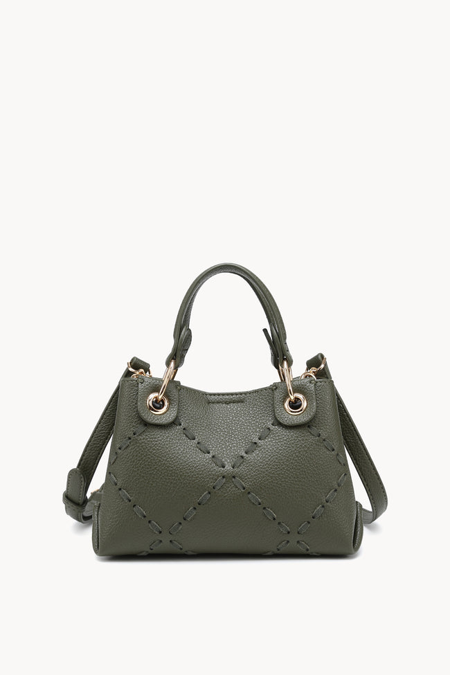 Olive handbag with diamond stitching, twin handles and a shoulder strap, front view.