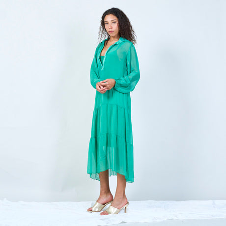 collared chiffon dress Pleated Midi Dress With Chiffon Sleeves & Collared Neck | Avenue 8