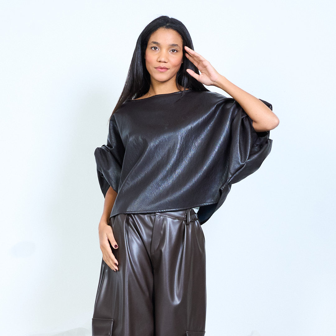 Coffee brown faux-leather top, front view