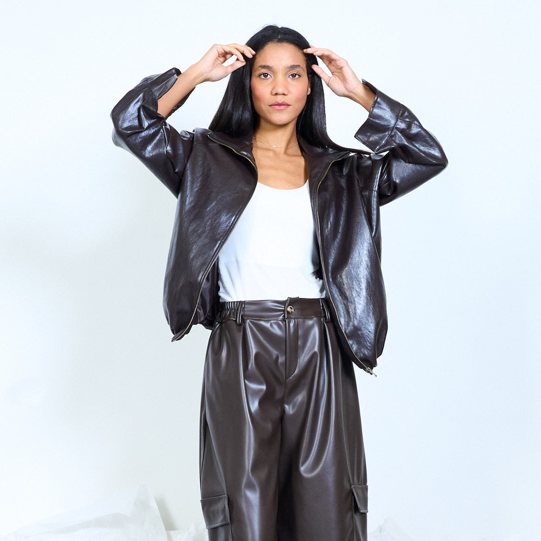 Dark brown faux-leather jacket, front view