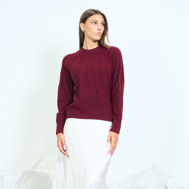 Front view of a burgundy sweater with a round neckline and cable-knit yoke.