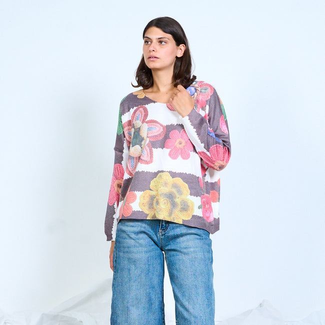 Long-sleeved top with grey and white stripes and multicoloured flower motifs