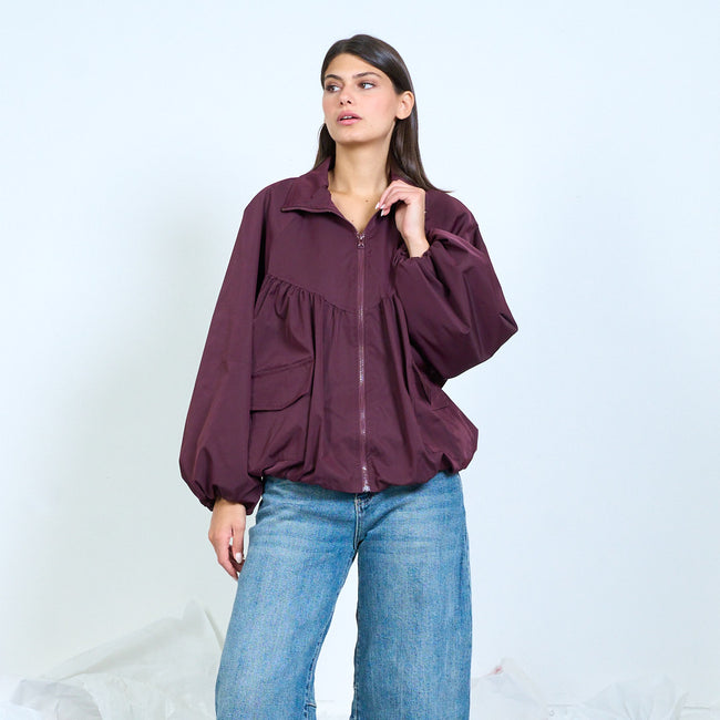 Plum zip-front jacket with a gathered yoke and large flap pockets