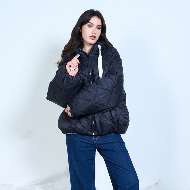 Oversized diamond-quilted puffer jacket with slogan drawstrings