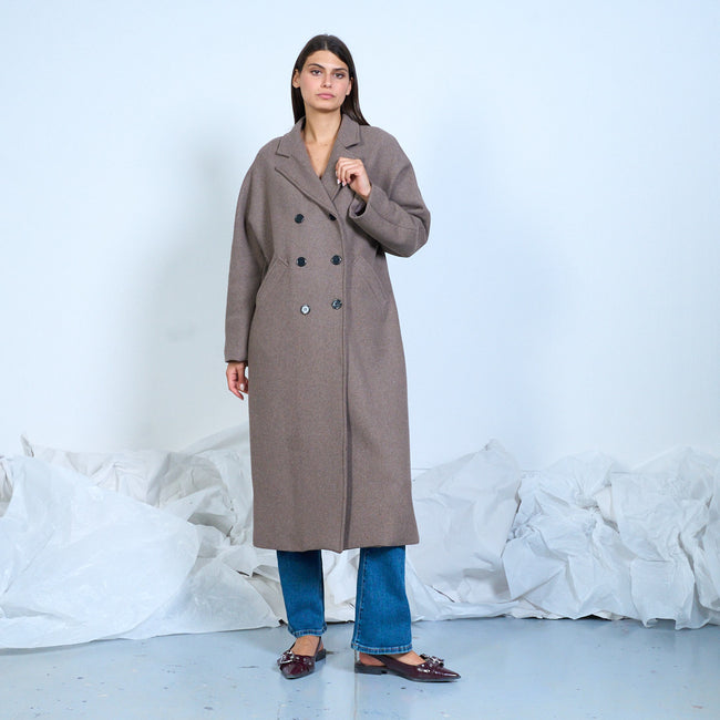 Taupe double-breasted long coat with wide lapels, front view