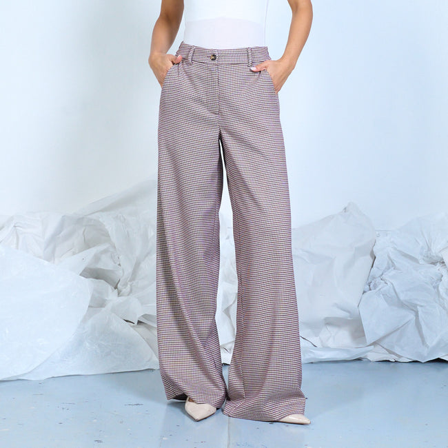 Fine burgundy and cream checked wide-leg trousers with side pockets, front view