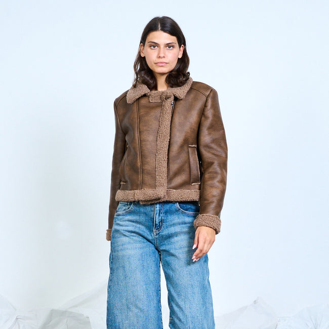 Brown aviator-style jacket with curly-textured collar, cuffs and hem trim