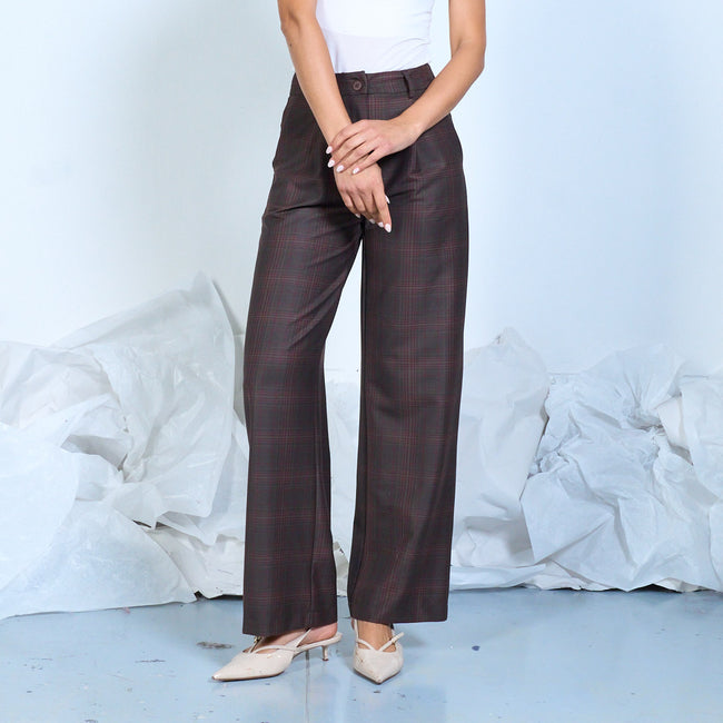 Dark brown plaid wide-leg trousers with front pleats, front view