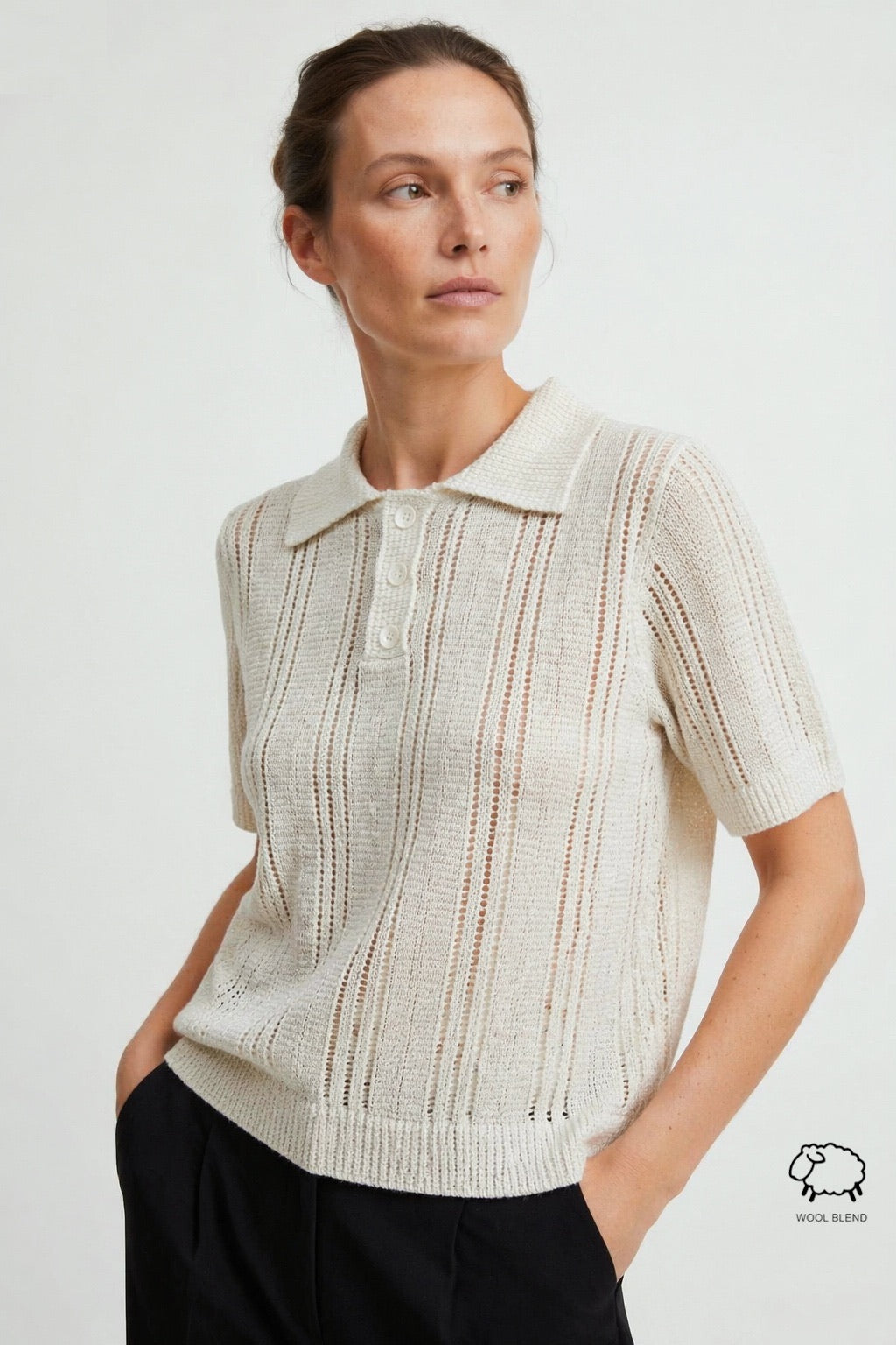 Poloshirt aus Pointelle-Lurex-Wollmischung im Großhandel – Bild 1
