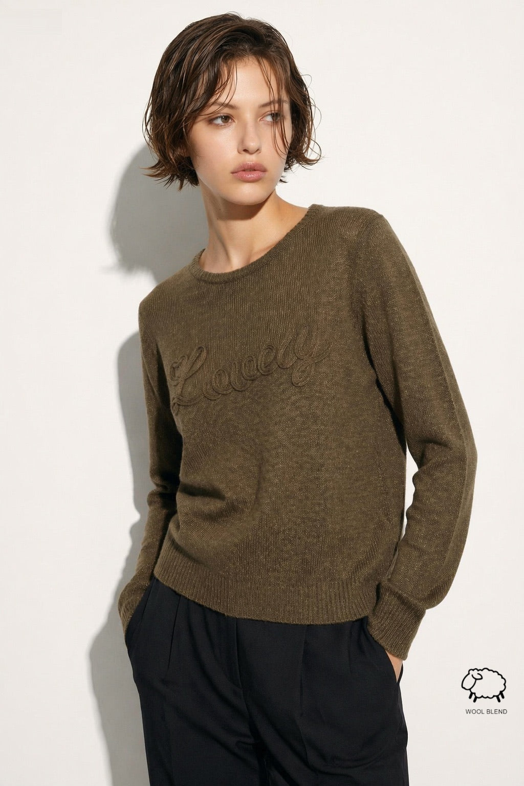Tonal-Slogan Wool-Blend Crew-Neck Sweater wholesale - image 1