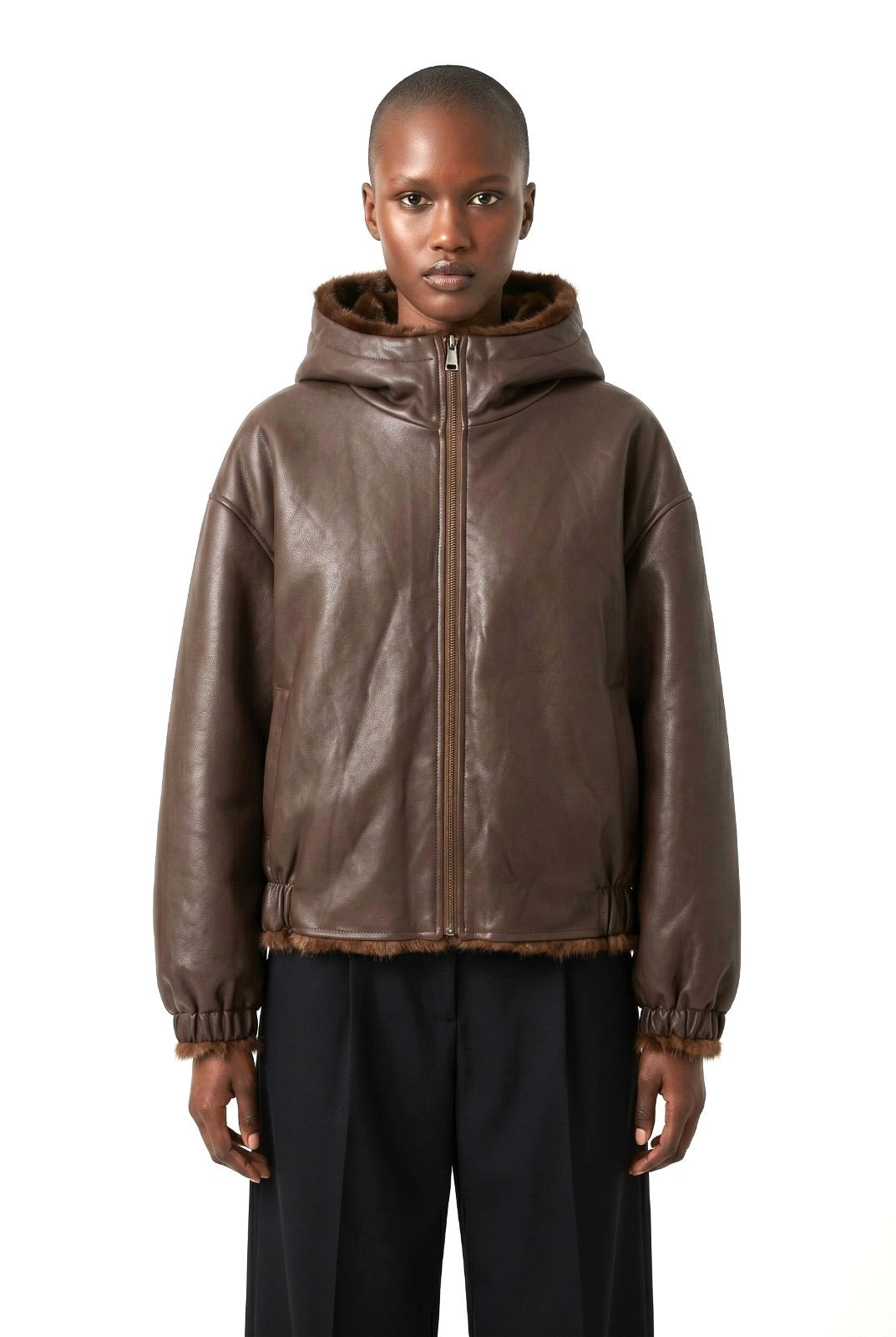 Veste réversible à capuche en similicuir en gros - image 1