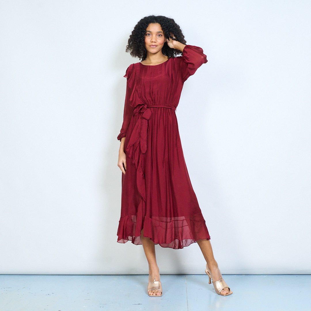 Ruffle drape tie-waist long sleeve flowy midi dress with soft cascade – LEIVIP