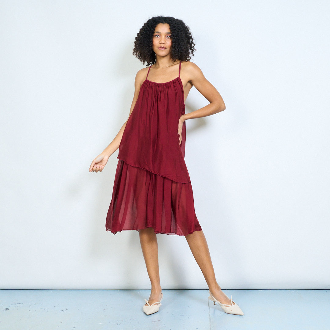 layered drape dress PrettyLittleThing Women's Double Layer Slinky Off Shoulder Drape Maxi Dress in Almond