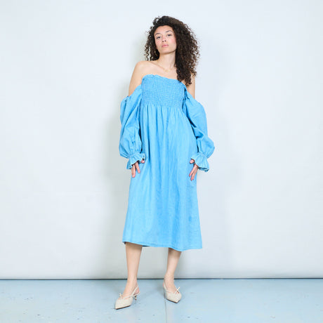 smocked off the shoulder dress long sleeve AFRM Peck Deco Dot Print Smocked Off-The-Shoulder Long Sleeve Mesh Mini  Dress at Hamilton Place in Chattanooga, TN