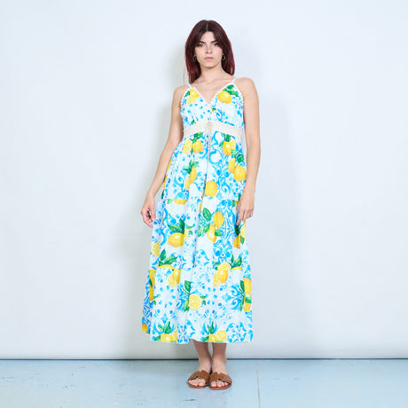 Lemon tile print crochet waistband adjustable strap v-neck midi dress –  LEIVIP