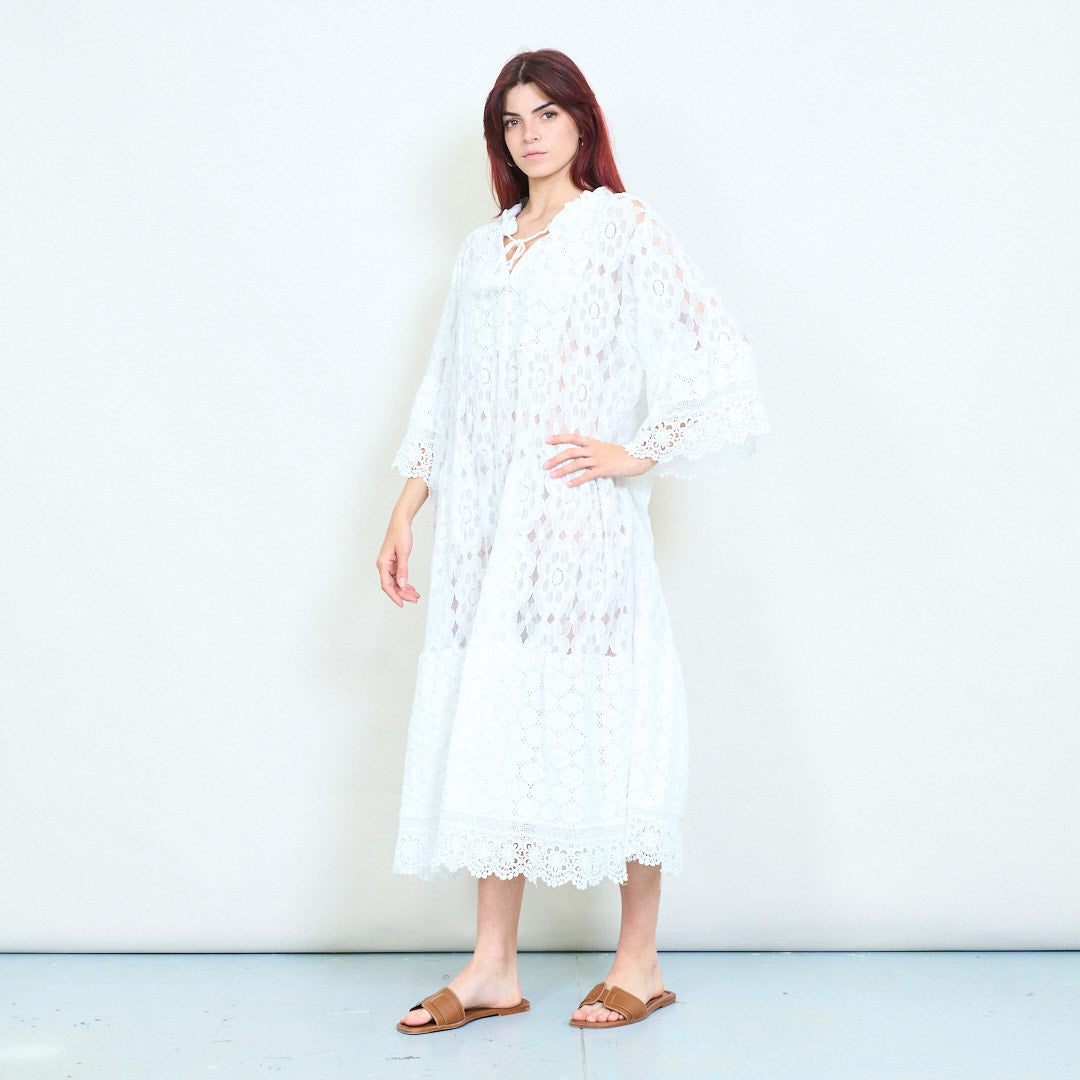 sheer lace midi dress white White Sheer Lace Dress - Cap Sleeve Midi Dress - Textured Dress