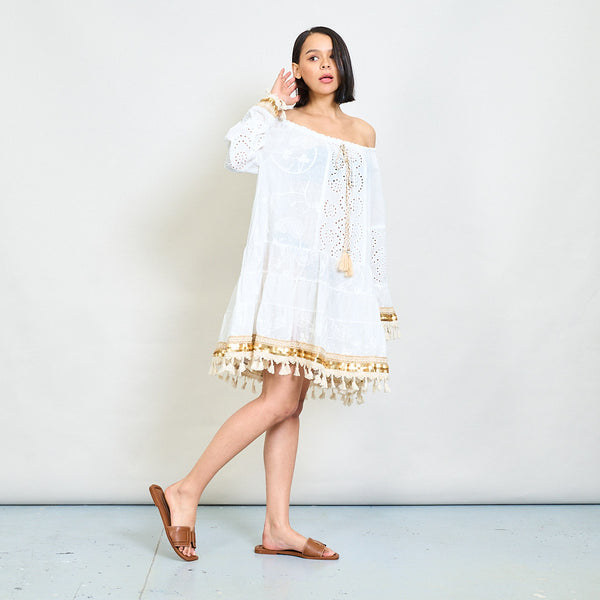 off shoulder ruffle trim trumpet sleeve dress Off shoulder embroidered tassel trim mini dress wholesale – LEIVIP