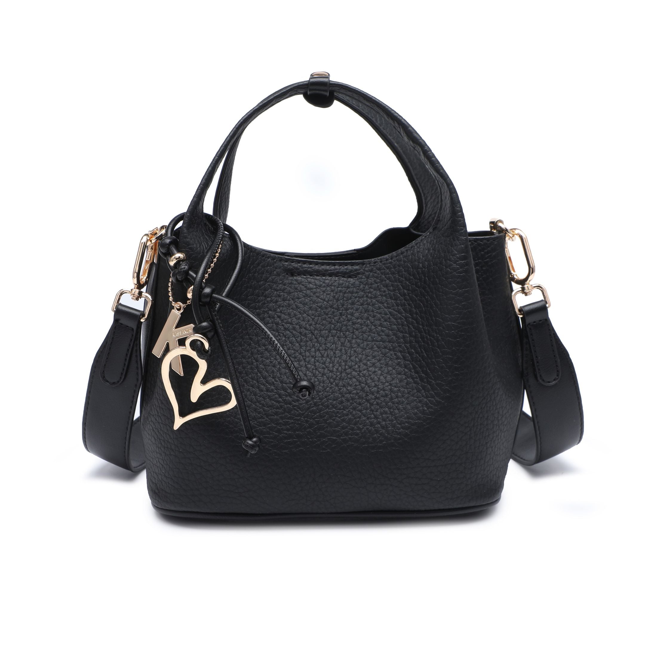 Black rounded pebbled handbag with twin handles, handle keeper and heart charm.