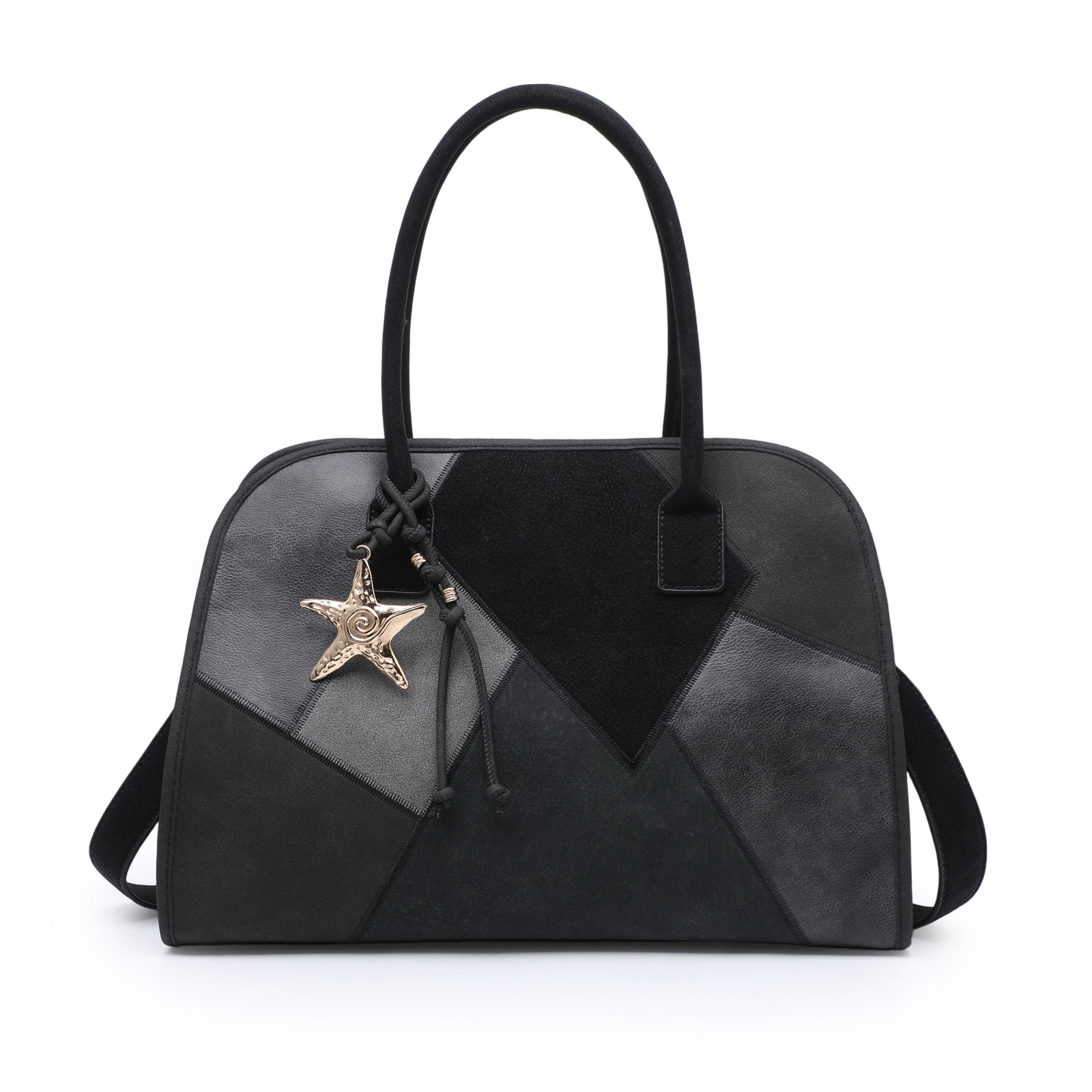 Black geometric patchwork bowler bag with rounded handles and star charm.