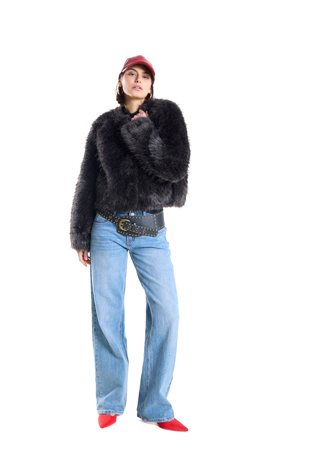 Anthracite Grey round-Neck Cropped Faux-Fur Jacket.