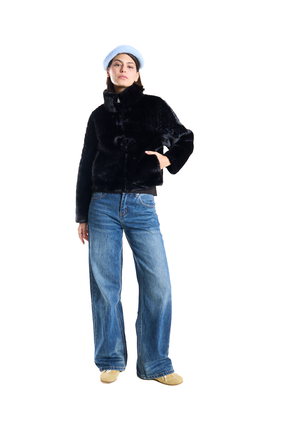 Black high-Neck Cropped Faux-Fur Jacket.