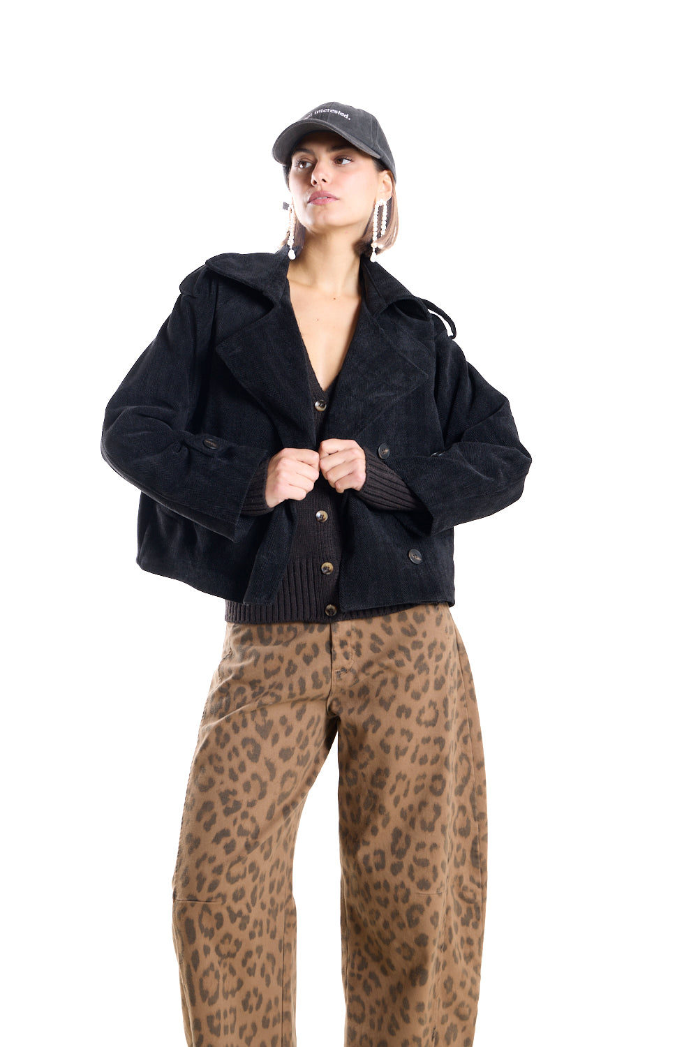 Black cropped Jacket with Off-Centre Buttons.