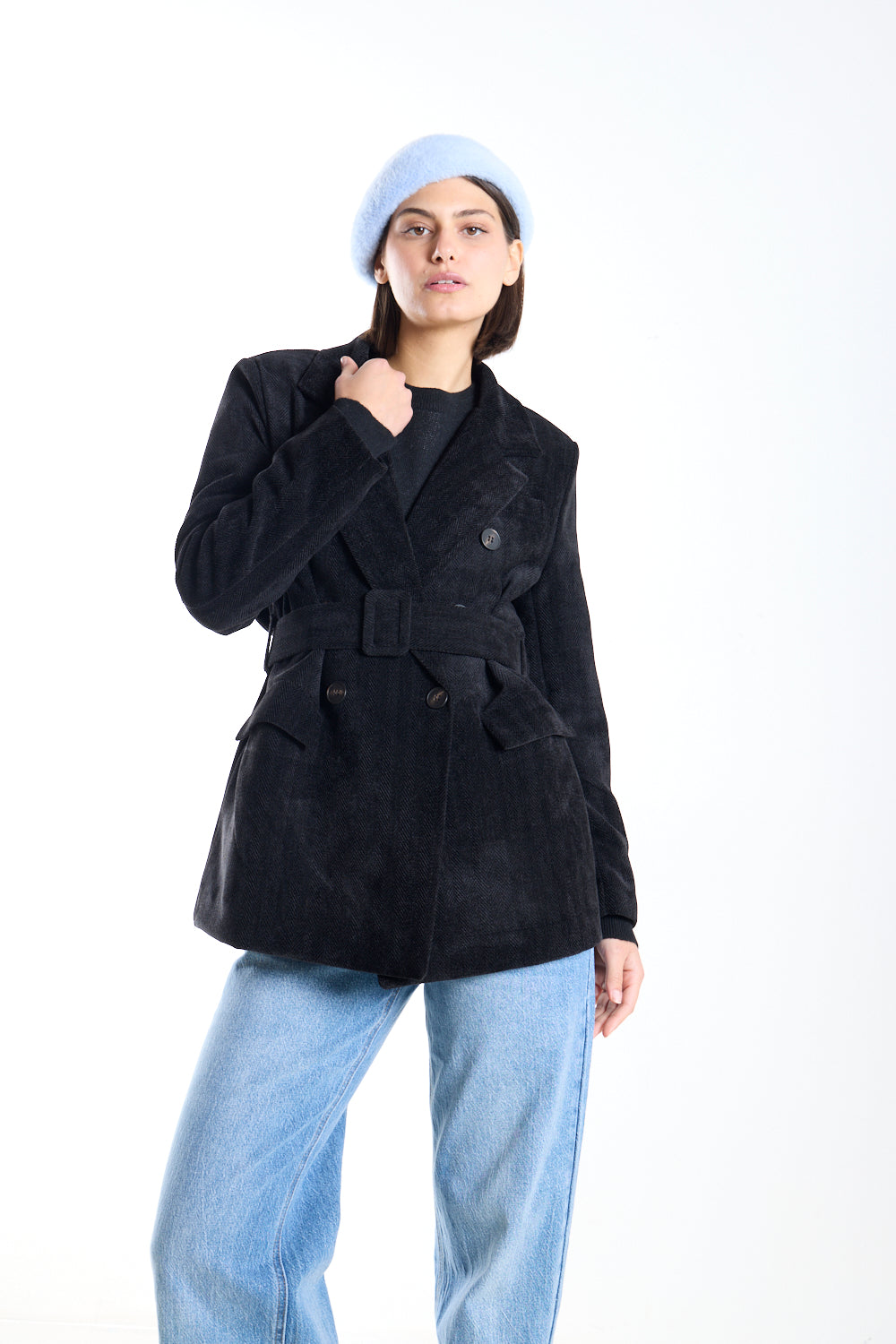 Black belted Double-Breasted Jacket.