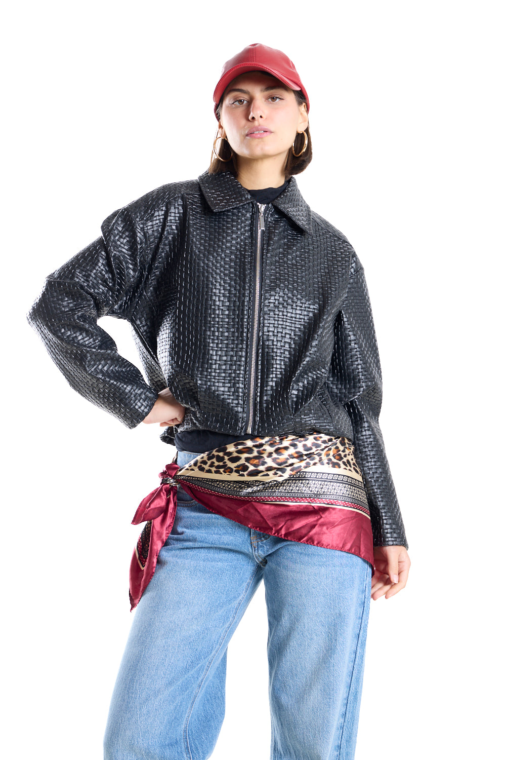 Black textured Faux-Leather Bomber Jacket.