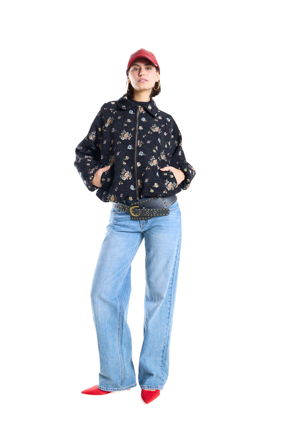 Black floral-Print Zip-Front Bomber Jacket.