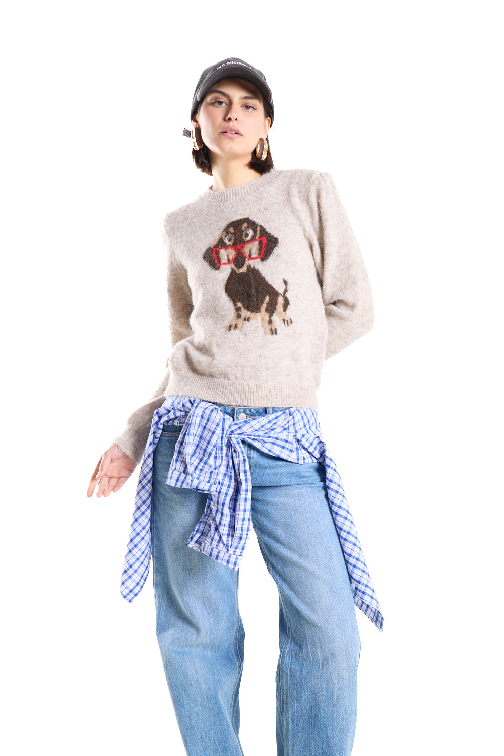 Μπεζ κεντημένο-Motif Crew-Neck Sweater.