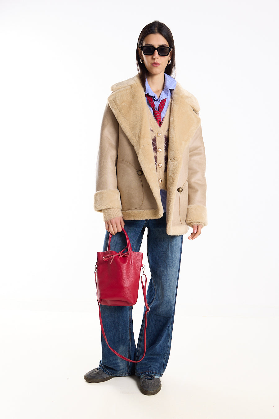 Beige double-Breasted Shearling-Look Jacket.