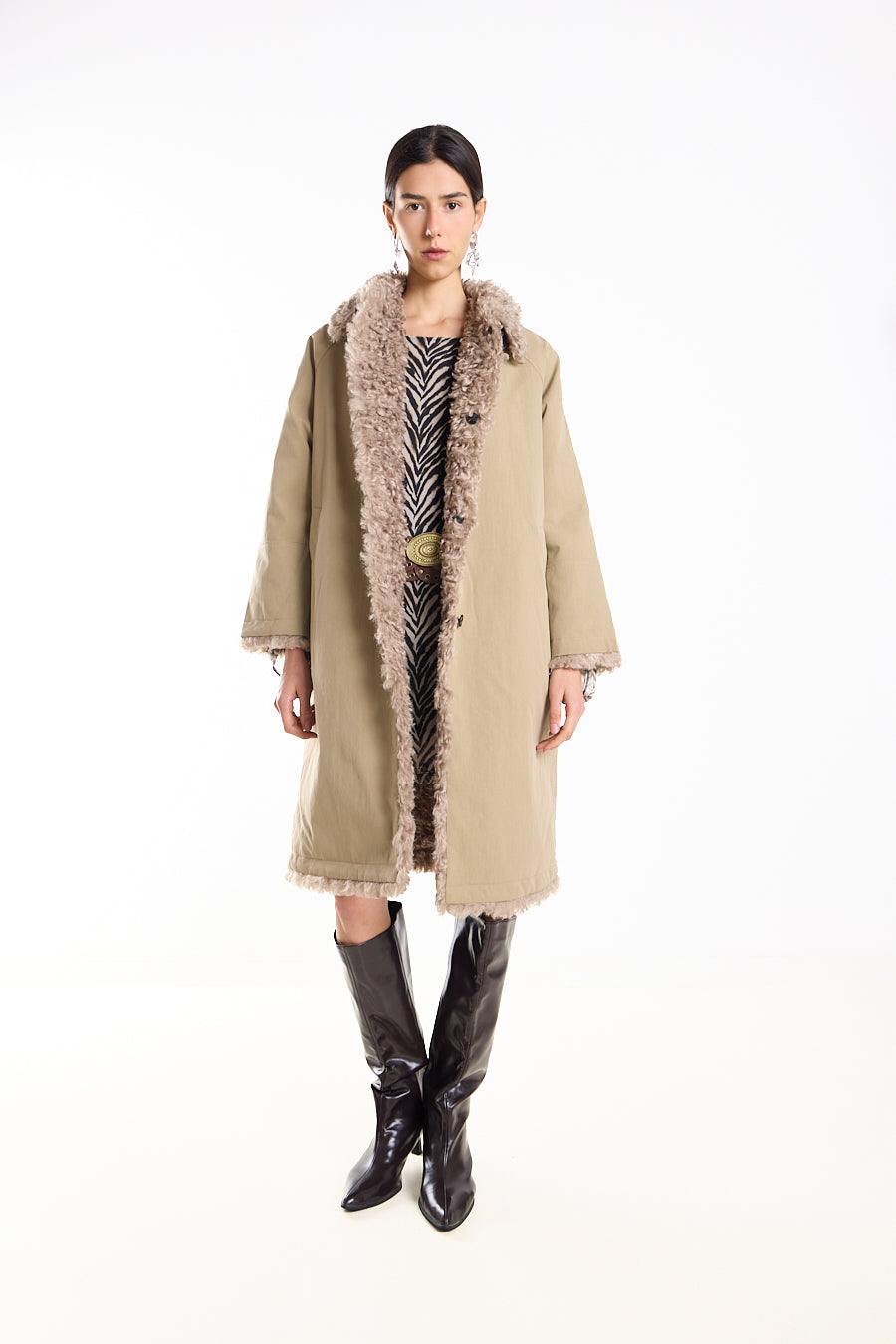 Beige long Reversible Faux-Fur Trench Coat.
