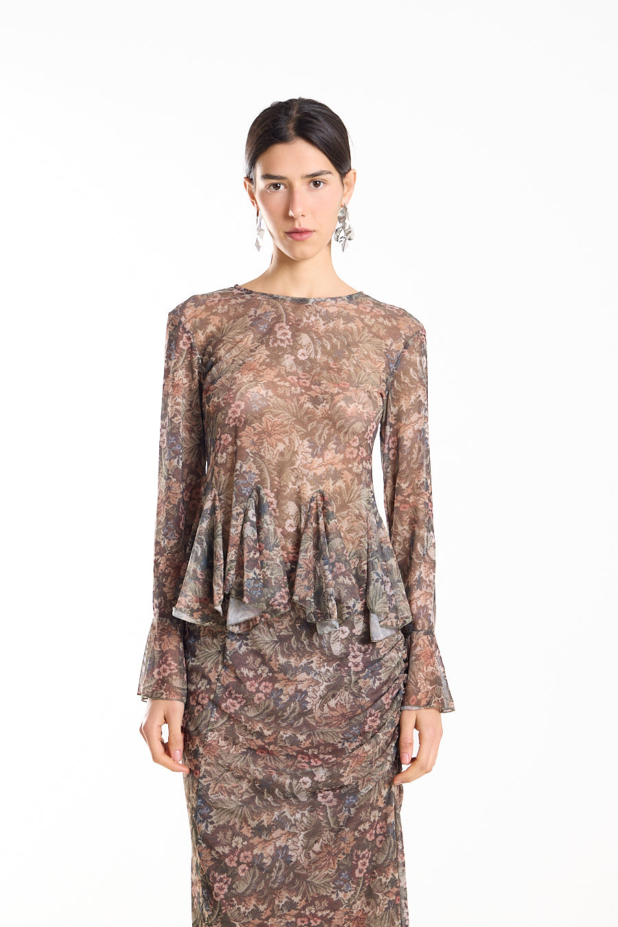 Dark Brown floral-Print Bell-Sleeve Top.