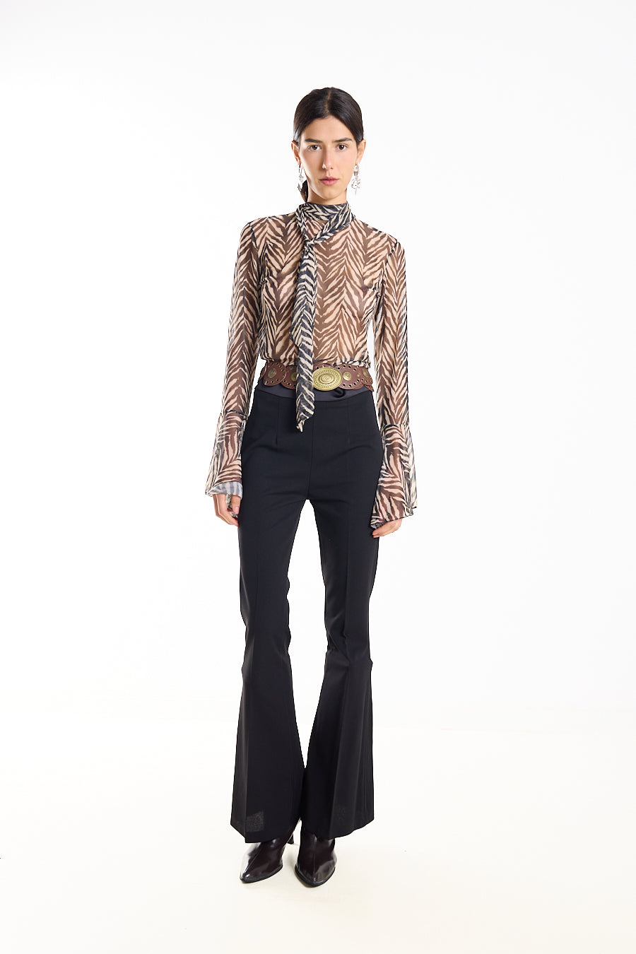 Beige zebra-Print Tie-Neck Bell-Sleeve Blouse.