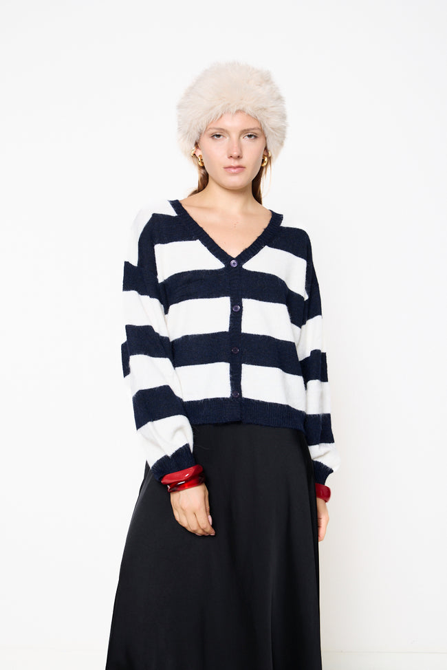 Dark navy Black trade colour and cream wide horizontal-striped V-neck button-front cardigan with relaxed cropped silhouette, long sleeves and ribbed edging; skirt, hat and bracelets styled separately