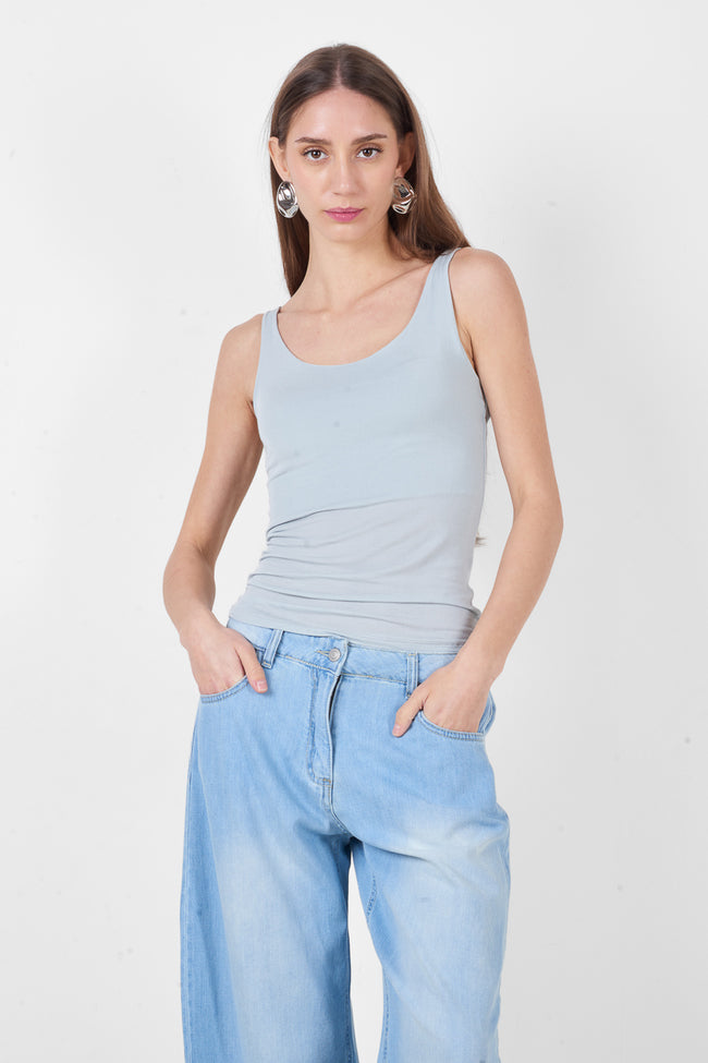 Light grey fitted sleeveless stretch top with a scoop neckline