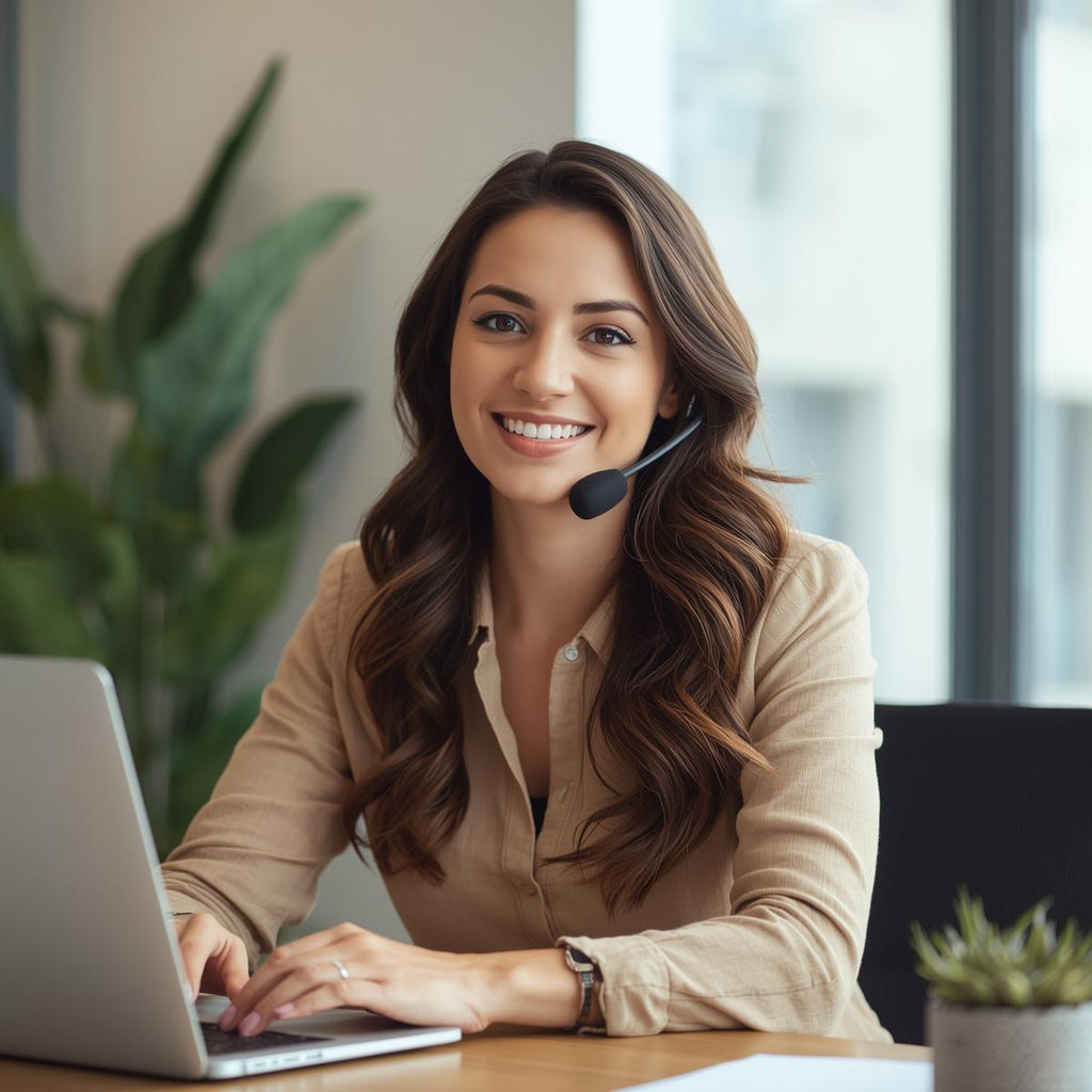 Smiling customer service representative with headset working at a laptop, representing LEIVIP’s multilingual support and global fashion wholesale assistance.